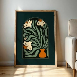 Estampado floral de narcisos abstractos en estilo retro moderno de mediados de siglo: arte de pared botánico vintage elegante con colores llamativos y un encanto acogedor.