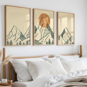 Berg Wand Kunst, 3er-Set Drucke, Japandi Wandkunst, Galerie Wand Set, Landschaftsdrucke, Abstrakte Natur Kunst, Triptychon Wandkunst, Mcm Decor