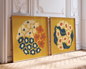 Retro bloemenprintset: hippe botanische kunst jaren 70, bohodecor uit het midden van de eeuw