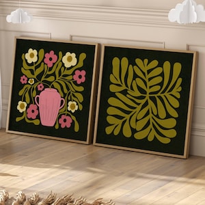 Retro 70s Floral Print Set: Abstract Botanical Art, Mid Century Modern Decor