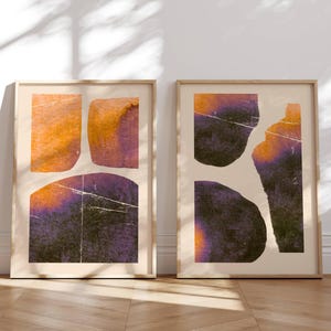 Abstrakte Wand Kunst Set, gebranntes Orange & violette organische Formen – Moderne minimalistische Poster für Boho, Eclectic oder Mid Century Decor