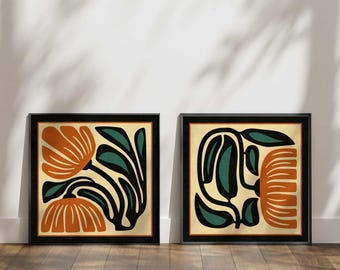 FRAMED Retro Floral Print Set — Burnt Orange & Teal Botanical Art, Mid-Century Modern Boho Decor