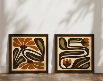 FRAMED Retro Floral Print Set: Olive & Rust Botanical Art, Mid-Century Modern Boho Decor