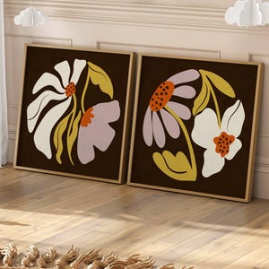 Juego de 2 cuadros de arte mural retro con estilo, estampados florales inspirados en Matisse en cálidos colores vintage. Pósteres botánicos estilo años 70. Decoración de mediados de siglo.