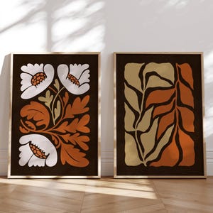 Arte mural floral retro, juego de 2 láminas, láminas de Matisse, arte mural inspirado en los años 70, lámina artística moderna de mediados de siglo, juego de galería para pared