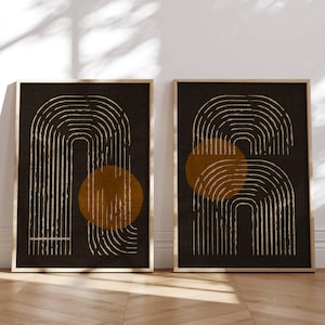 Set di 2 stampe murali Mid-Century Modern, decorazioni Japandi, stampe astratte geometriche ad arco, arancione bruciato e nero, arte minimalista Boho