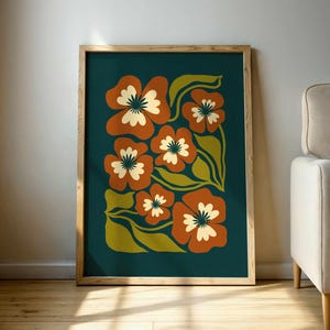 Arte mural floral retro: estampado botánico estilo años 70 en verde azulado, oliva y óxido. Póster bohemio moderno de mediados de siglo para decoración vintage del hogar.