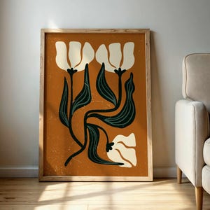 Estampado floral de tulipanes abstractos en estilo retro de los años 70 y moderno de mediados de siglo, con tonos terrosos para una atrevida decoración de pared de inspiración vintage.