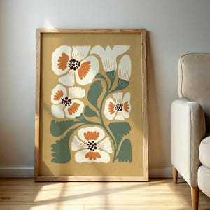 Arte mural floral retro neutro: estampado botánico vintage en salvia y marfil, póster floral estilo Matisse de los años 70, decoración bohemia moderna de mediados de siglo.