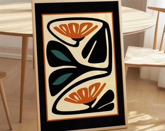 FRAMED Mid Century Modern Floral Print — Burnt Orange & Teal Botanical Art, Abstract Retro Flower Poster