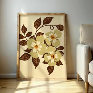 Imprimé floral rétro terreux, art mural botanique vintage en olive et ocre, affiche de fleurs de style Matisse pour une décoration bohème neutre et chaude