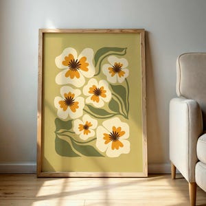 Art mural floral rétro - impression botanique en olive, crème et ocre, affiche de fleurs de style Matisse, art bohème du milieu du siècle pour une décoration intérieure terreuse