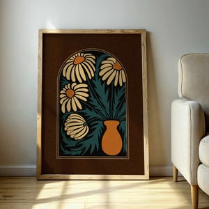 Estampado floral de manzanillas abstractas en estilo retro moderno de mediados de siglo de los años 70, con cálidos tonos tierra para una acogedora decoración de pared de inspiración vintage.