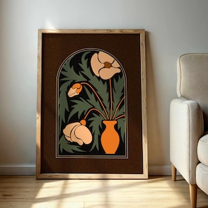 Estampado floral de amapolas abstractas en estilo retro moderno de mediados de siglo de los años 70: arte de pared botánico vintage elegante con un encanto acogedor y tonos melancólicos.