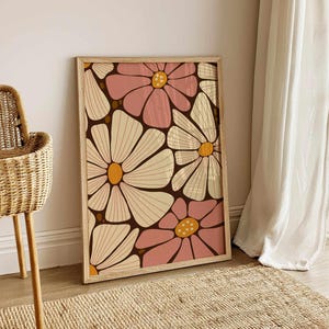 Arte floral retro para pared: estampado floral de los años 70 en rosa y crema, póster botánico estilo Matisse, decoración vintage de mediados de siglo para interiores bohemios.