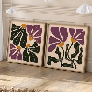 Set di 2 stampe da parete floreali retrò astratte, stampe botaniche ispirate a Matisse - Decorazioni da parete estetiche anni '70 per spazi di metà secolo e boho