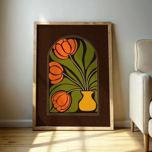 Estampado floral de tulipanes abstractos en estilo retro moderno de mediados de siglo de los años 70: decoración de pared vintage elegante con colores llamativos para generar vibraciones retro.