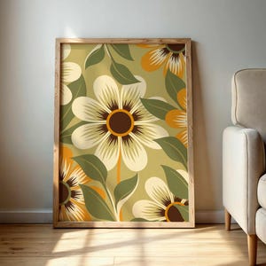 Imprimé floral rétro terreux, art mural botanique vintage en olive et ocre, affiche de fleurs de style Mid-Century pour une décoration bohème neutre et chaude