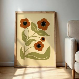 Imprimé floral rétro abstrait, art mural botanique esthétique des années 70 en olive et rouille, affiche de fleurs vintage terreuse pour une décoration bohème neutre et chaude