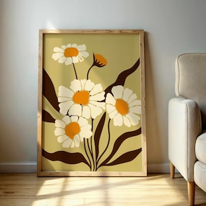 Stampa retrò con margherite – Stampa floreale vintage da parete nei toni della terra, poster floreale in stile Mid-Century, stampa botanica da parete boho per un arredamento neutro.