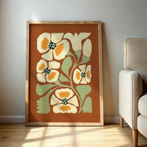 Arte mural floral retro: lámina botánica vintage en terracota y salvia, póster floral estilo Matisse, decoración bohemia moderna de mediados de siglo.