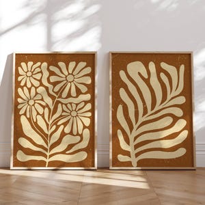 Estampados florales retro abstractos, juego de 2 piezas de arte mural botánico inspirado en Matisse, pósteres vintage estéticos de los años 70 para decoración del hogar de mediados de siglo y boho.