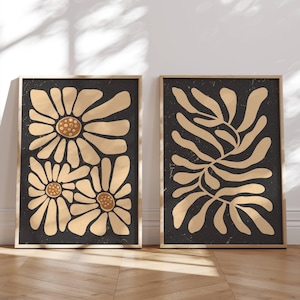 Juego de pósteres de flores retro, juego de 2 impresiones, arte de pared de los años 70, arte de pared moderno, decoración elegante de los años 70, arte retro, arte de pared de mediados de siglo, juego de pared de galería
