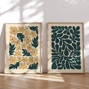 Arte mural floral retro, juego de 2 láminas, decoración de los años 70, lámina artística moderna, juego de galería, arte moderno de mediados de siglo, arte mural retro, lámina de Matisse