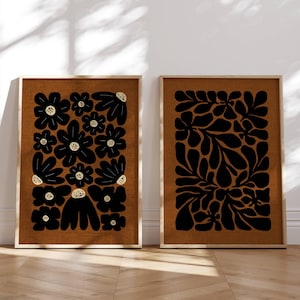 Juego de pósteres de flores retro, juego de 2 impresiones, arte de pared de los años 70, juego de impresiones de Matisse, arte de pared moderno, decoración de los años 70, juego de pared de galería, arte de pared moderno