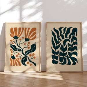 Arte mural floral retro, juego de 2 láminas, decoración de los años 70, lámina artística moderna, juego de galería, arte moderno de mediados de siglo, arte mural retro, lámina de Matisse