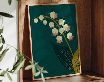 May include: A rectangular framed wall art print featuring a stylised illustration of a lily of the valley plant. The design showcases white bell-shaped flowers with pink accents on a deep teal background, accompanied by large dark green leaves.