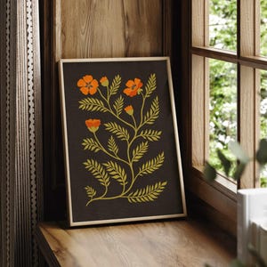 oeuvre d'art murale florale vintage - impression botanique lunatique avec fleurs orange et feuillage d'olivier, affiche de fleurs de style rétro, décoration d'intérieur terreuse