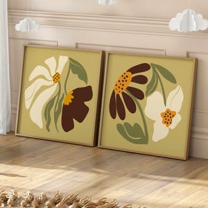 Juego de 2 piezas de arte mural retro terroso, estampados florales estilo Matisse en oliva y ocre: pósteres botánicos con estética de los años 70, decoración del hogar de mediados de siglo.