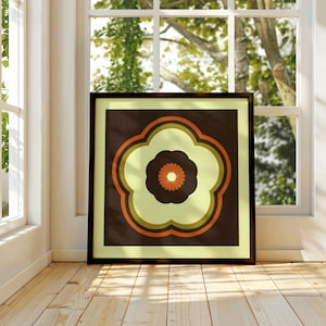Groovy 70s Floral Print: Retro Olive Green & Rust Botanical Art, Mid Century Modern Decor