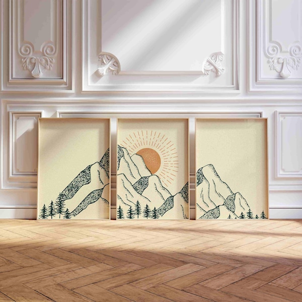 Mountain Landscape Print Set: Minimalist Japandi Triptych, Calm Nature Wall Art