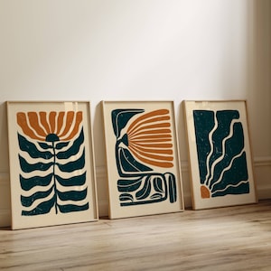 Conjunto de estampados florales de Matisse, arte mural de 3 piezas, arte mural de los años 70, conjunto de estampados florales retro, arte mural moderno de mediados de siglo, descarga digital