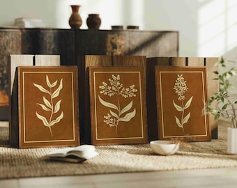 Minimalist Botanical Print Set, Earth Tone Floral Wall Art, Vintage Home Decor