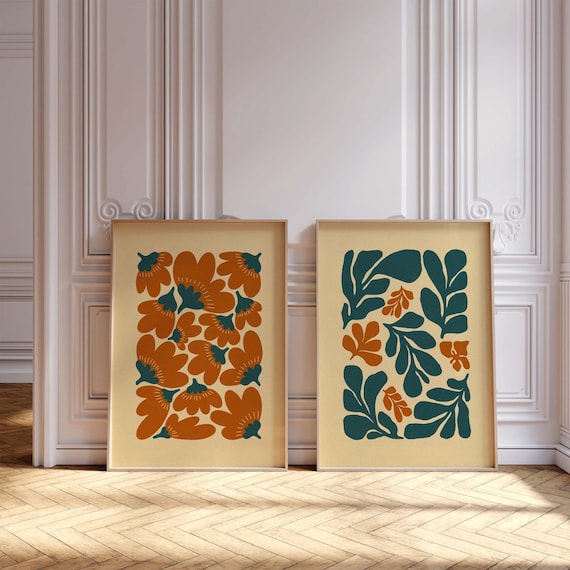 Retro Floral Print Set – Burnt Orange & Teal Botanical Art, Mid Century Modern Boho Decor