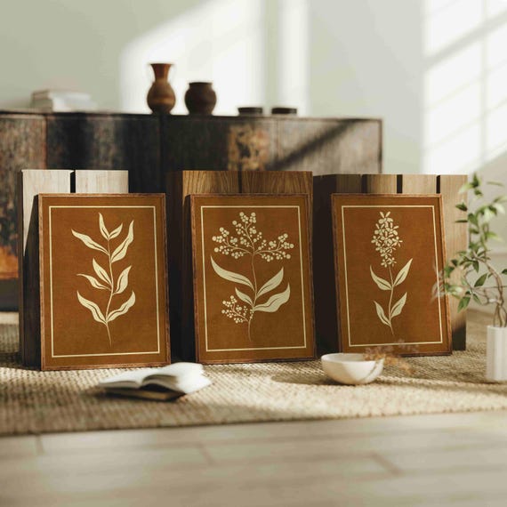 Minimalist Botanical Print Set, Earth Tone Floral Wall Art, Vintage Home Decor