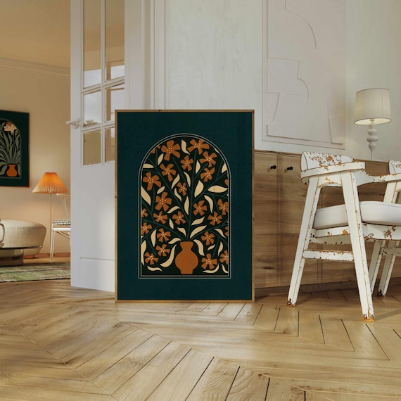 Abstract Cherry Blossom Print: Retro Floral Wall Art, Mid-Century Modern Boho Decor