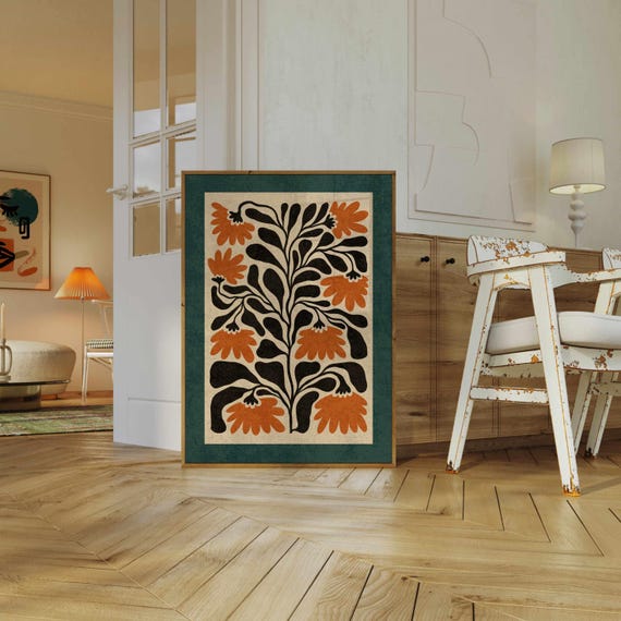 Matisse Style Floral Print — Burnt Orange & Teal Botanical Art, Mid Century Modern Boho Decor
