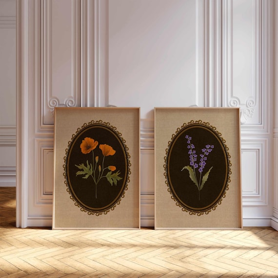 Vintage Style Botanical Wall Art — Poppy and Lavender Flower Prints in Earth Tones, Cottagecore Posters for Rustic or Cozy Retro Home Decor