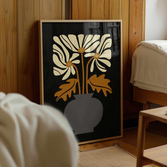 Matisse Style Floral Vase Print: 70s Retro Botanical Wall Art, Mid Century Modern Decor