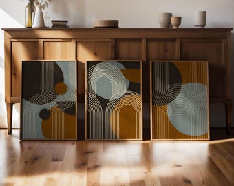 Mid Century Modern Geometric Triptych: Abstract Wall Art Print Set, Scandinavian Home Decor