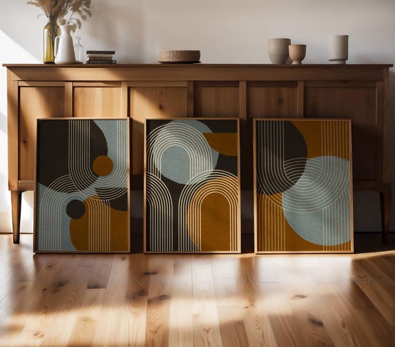 Three piece wall art with lovely mid century modern aesthetic — this geometric triptych is perfect for living rooms, bedrooms and entryways!