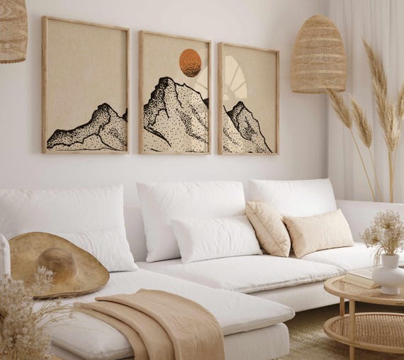 Japandi Mountain Triptych: Abstract Nature Print Set, Minimalist Landscape Wall Art
