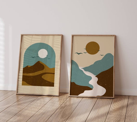 Abstract Mountain Wall Art, Set Of 2 Prints, Modern Mountain Art, Boho Decor, Aesthetic Landscape Prints, Boho Wall Art, Digital Download