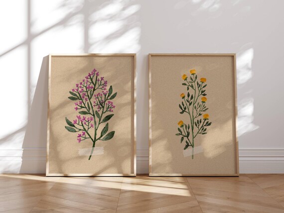 Wildflower Wall Art, Set Of 2 Prints, Botanical Prints, Floral Wall Art, Cottagecore Decor, Pressed Flowers, Gallery Wall Set, Vintage Style