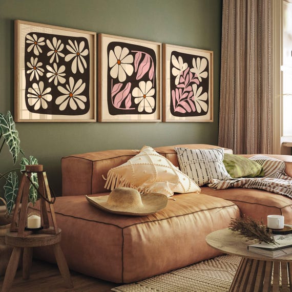 Aesthetic Retro Floral Wall Art Set Of 3, Matisse Prints, Mid Century Modern Art, Nursery Decor, 70s Aesthetic Flower Wall Art, Mcm Decor