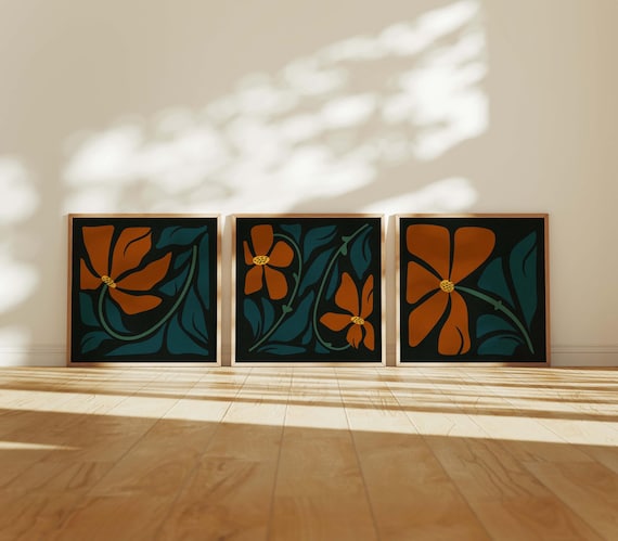 Retro Floral Print Set: Burnt Orange & Teal Botanical Wall Art, Mid-Century Modern Decor